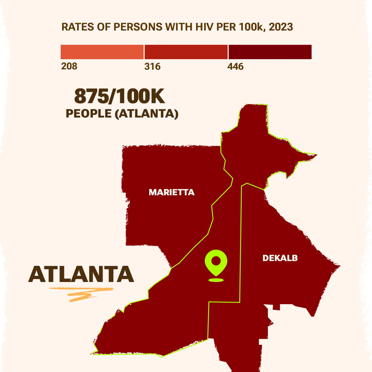 2023 rate of persons with HIV 
Per 100K 
Map of Atlanta, United States.