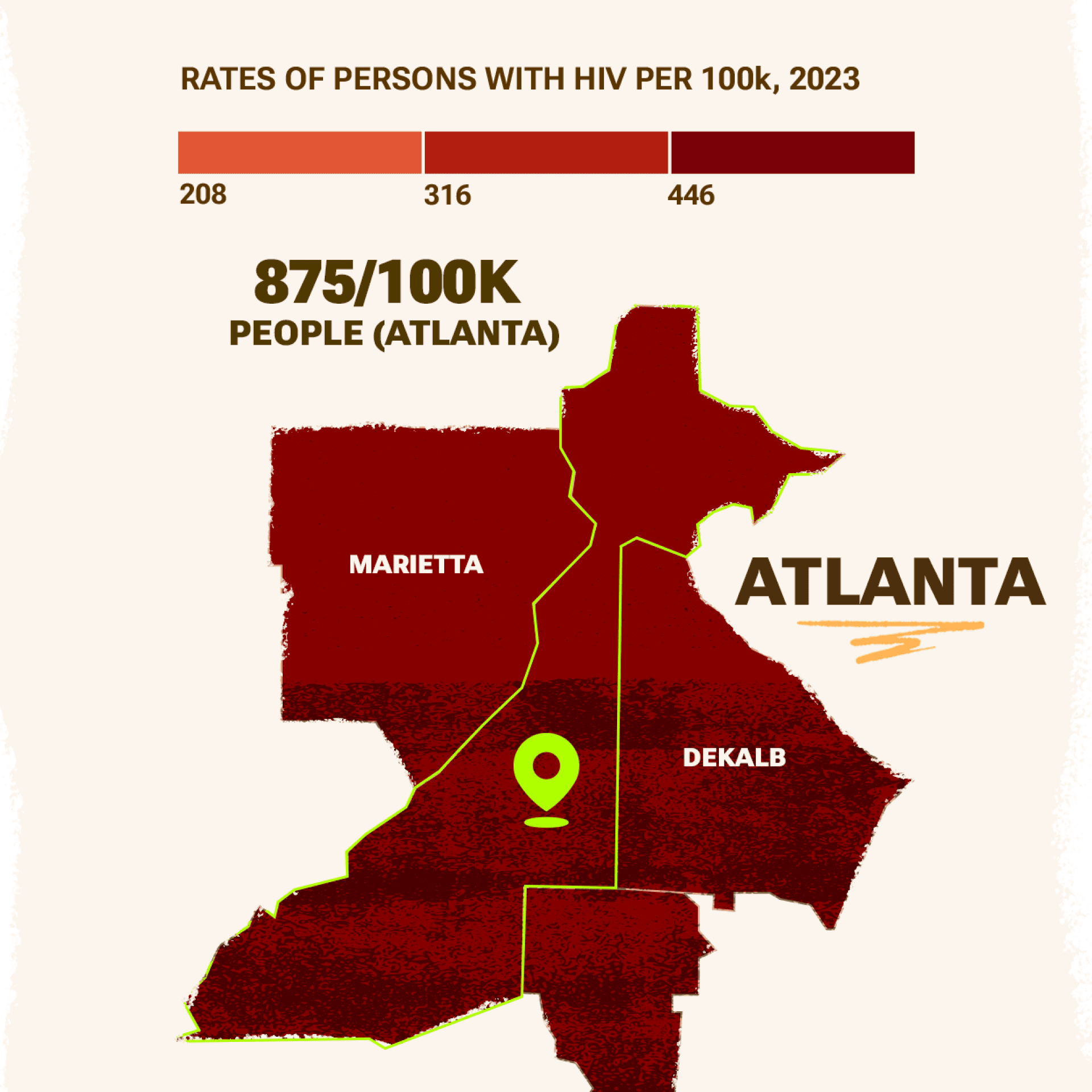 2023 rate of persons with HIV 
Per 100K 
Map of Atlanta, United States.