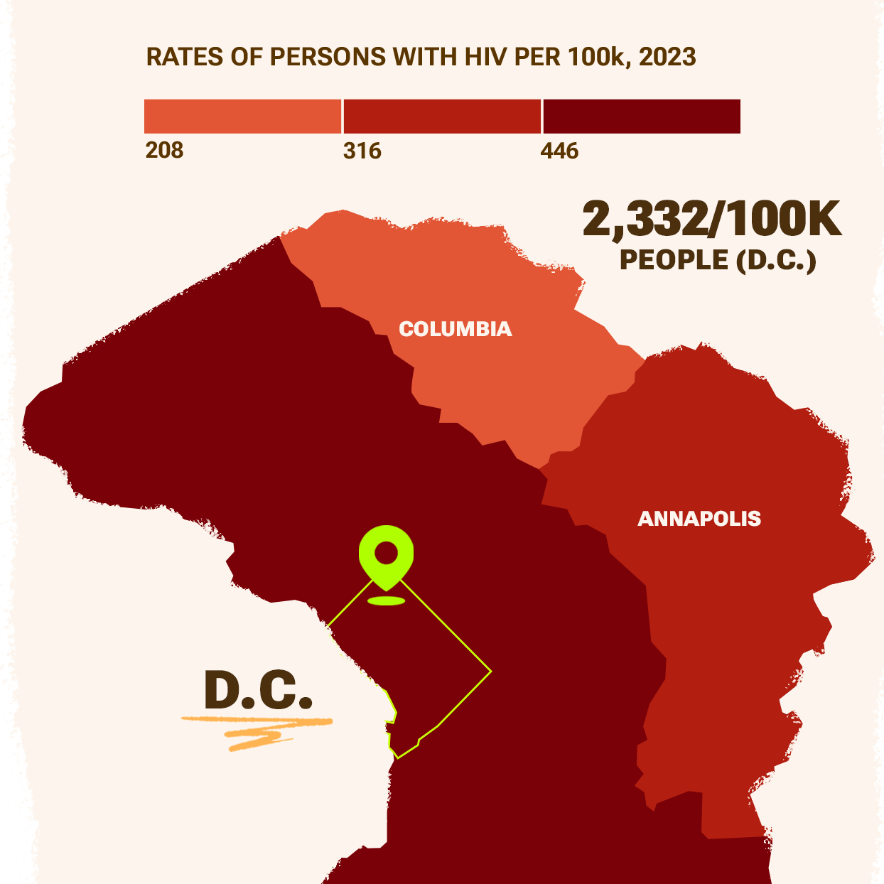 2023 rate of persons with HIV 
Per 100K Map of D.C., United States.