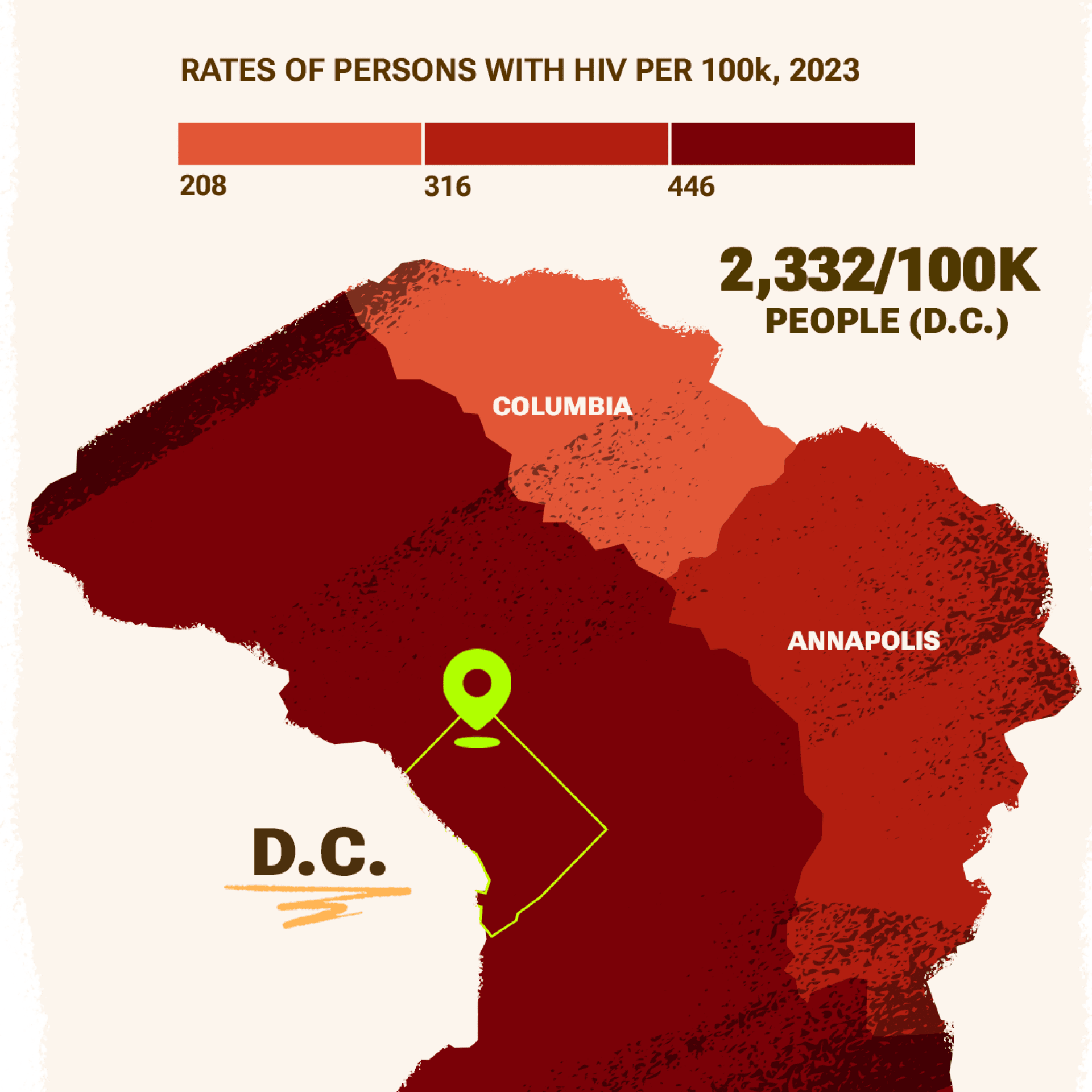 2023 rate of persons with HIV 
Per 100K Map of D.C., United States.