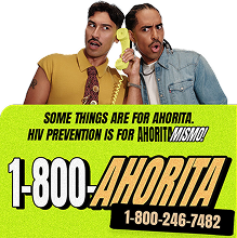 Two Latino men, holding a cord/landline phone and a CTA with the 1-800-Ahorita hotline.